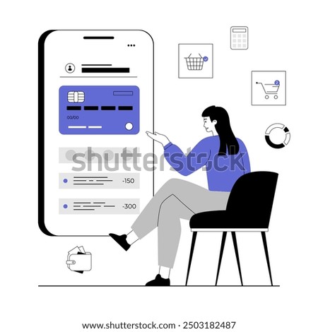 Mobile banking application, money transfer, currency exchange. Woman with financial account on smartphone screen checks all banking activities. Vector illustration with line people for web design.