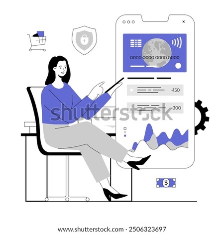 Mobile banking concept. Financial transactions, payments, online banking, money transfers, and bank account. Vector illustration with line people for web design.