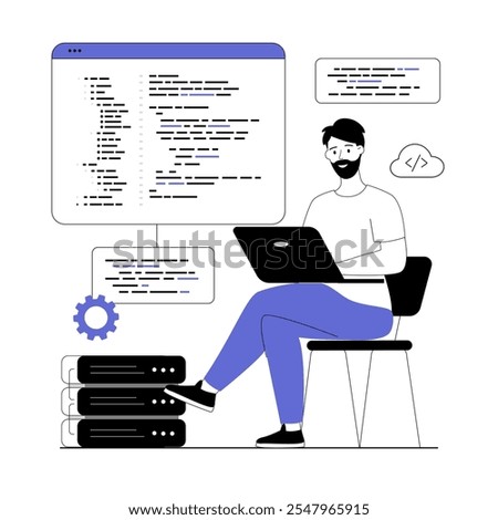 Programming software concept. Man write, test and optimize code, work with different program languages. Vector illustration with line people for web design.	
