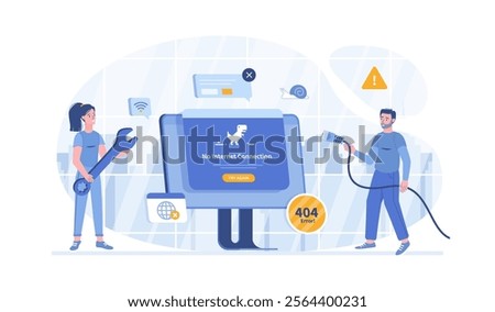 No Internet Connection. Web page not loading. Offline error, No Wi-Fi signal. The network cable is disconnected. Vector illustration with characters in flat design for web banner.