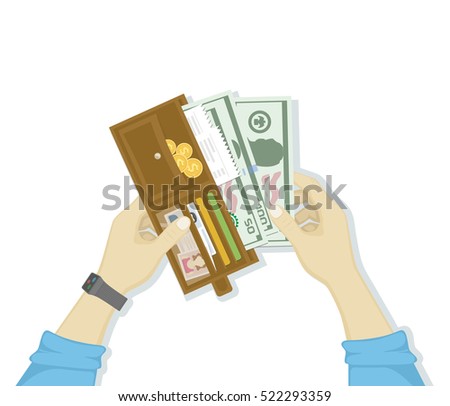 Open wallet with cash money and credit cards, gold coins, checks, driver's license in man hands isolated on white background. Human hands putting cash dollars. Payment concept. Vector in flat design