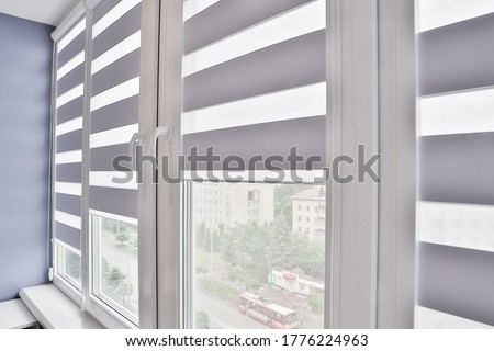 Windows with open modern horizontal blinds indoors, closeup. Foto stock © 