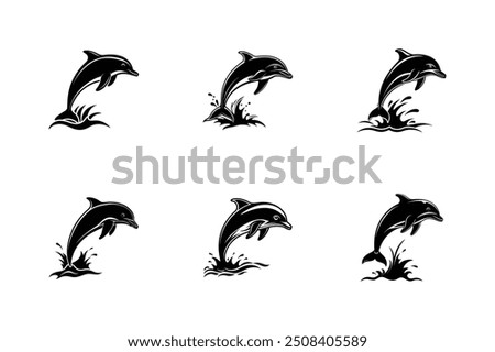  Black dolphin silhouette breaching vector design for print-ready graphics on micro stock platforms.