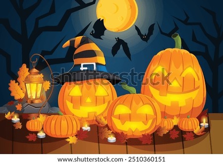 Halloween Background with Jack-O`-Lanterns Pumpkins, Candles and Autumn Leaves on Rustic Wooden Surface Against Moonlit Night Sky with Bats - All Hallows Eve 