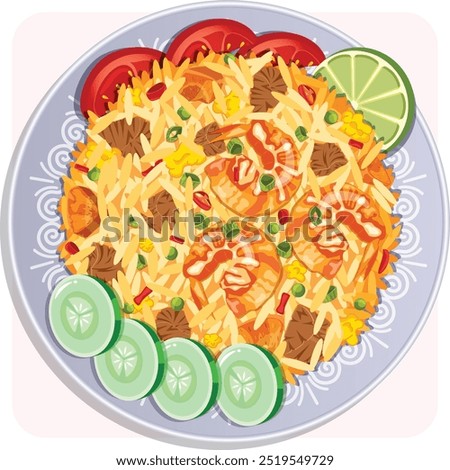 Khao Pad Top View. Thai Fried Rice with Chicken, Prawns, Scrambled Eggs, Carrots, Peas, Red chilies, Spring Onions, Tomatoes, Cucumbers and Lime in Plate. Authentic Thai Cuisine Vector Art 