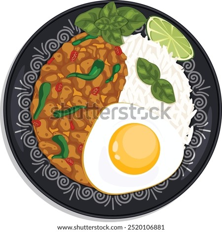 Pad Kra Pao Plate Top View. Thai Holy Basil Stir Fry with Ground Chicken, Steamed Rice, Fried Egg and Lime. Asian Cuisine Vector Art 