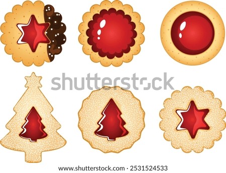 Festive Jam Filled Christmas Cookies Set with Tree, Star, Flower Shaped, Sugar Coated and Chocolate Dipped Sandwiches Top View 