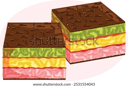 Italian Rainbow Cookies Vector Art. Layered Almond Sponge Cake with Raspberry Jam, Chocolate Coating and Sprinkle Toppings 