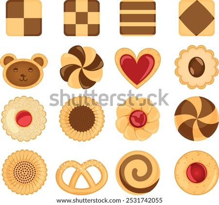 Cookies Set with Square, Heart, Teddy Bear, Pinwheel, Flower, Pretzel and Round Shaped Cookies. Chocolate Vanilla Dough, Jam Filled and Sesame Toppings 