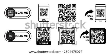 Scan me icon set. scan qr code with arrow. scan here label set.