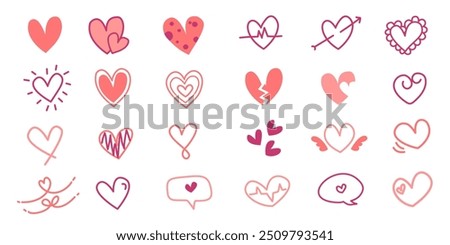 Set of Flat, doodle and sketch pink heart shape icon designs. Abstract romantic emoji symbol. Hand drawn wedding and valentine day hearts set. Pink love shape elements.