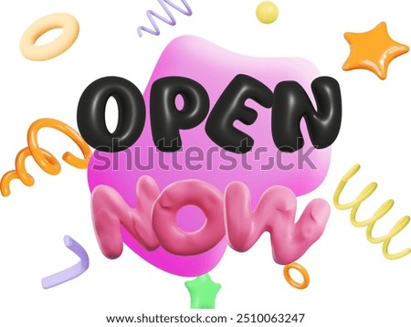 open now 3d text in black and pink filled with 3d abstract 