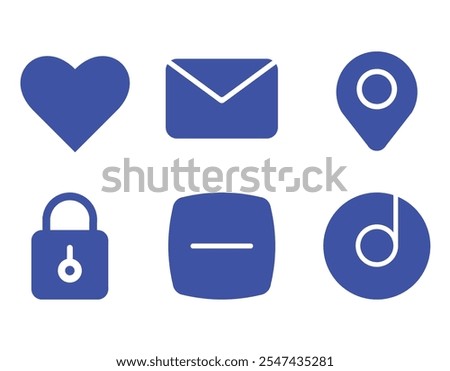 Six simple, bold blue icons on white background. Representing heart, email, location pin, padlock, minus symbol, and music note.