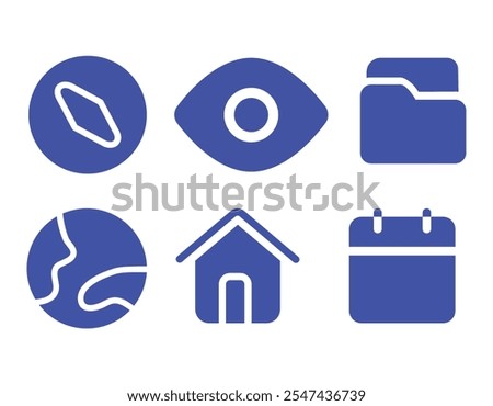 Six minimalist blue icons are displayed against a white background. They depict a paperclip, eye, folder, globe, house, and calendar.