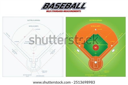 Set illustration of standard measurements of a Major League Baseball (MLB) field, providing a detailed layout of the infield and outfield. It includes key dimensions such as the distance between bases