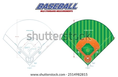 Set illustration of an MLB-standard baseball field layout, including both a technical blueprint and a colored diagram. The diagram illustrates essential measurements and dimensions