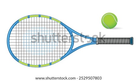 Set illustration of modern tennis racket with a blue frame and a neon green tennis ball, providing a clear depiction of essential tennis equipment. The racket features a string pattern with