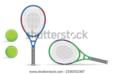 Set illustration of two tennis rackets and two tennis balls. One tennis racket is blue with red accents, standing upright, while the other is green with purple accents, lying horizontally. Both racket