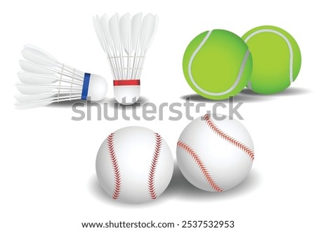 Set illustration of sports equipment featuring two badminton shuttlecocks, two tennis balls, and two baseballs. This image highlights various sports essentials for badminton, tennis, and baseball