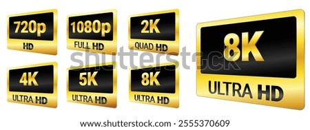 Set illustration of gold-and-black logos representing various screen resolutions, including 720p, 1080p, 2K Quad HD, 4K Ultra HD, 5K Ultra HD, and 8K Ultra HD, designed with a sleek, modern style