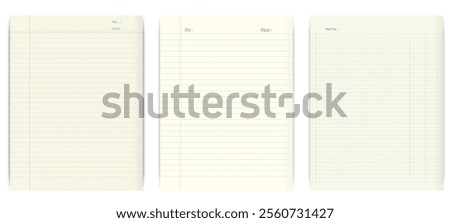 Set illustration of classic lined and grid paper templates featuring preformatted headers for numbers, dates, and references. Ideal for accounting, note-taking, journaling, or professional