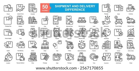 Shipment And Delivery Difference Icon Sheet Parcel, Upward Arrow, Checklist, Inventory, Delivery Truck, Warehouse, Online Order, Cargo, Package, Stock, Package Size, Padlock, Calendar, Cost, Chat