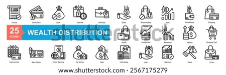 Wealth Distribution And Society Icon Sheet Invoice, Credit Card, Sack, Calendar, Briefcase, Dollar, Shopping Bag, Rate, Save Money, Shopping, Payment Day, Bank Check, Online Banking, No Money, Debt