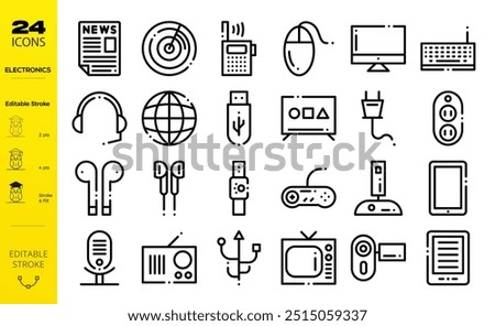 Electronics line web icons Personal Device. Tablet, laptop, phone, console, Smart Watch and more. Editable Stroke.