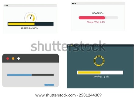 Set of Loading Screen with Speedometer Icon and Progress Bar at 59% - Vector Illustration