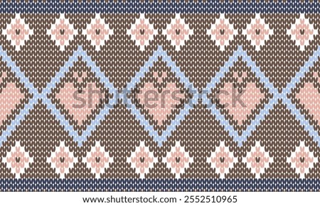 This knitted pattern features a repeating diamond motif outlined in light blue, filled with pink hearts and surrounded by brown and pink floral accents, creating a cozy, traditional design.