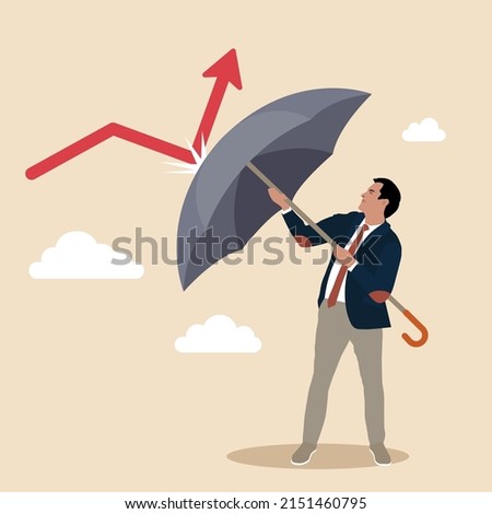 Economic recovery from crisis, business protection or stock market bounce back from recession concept, smart confidence businessman holding strong umbrella to recover red arrow economic graph