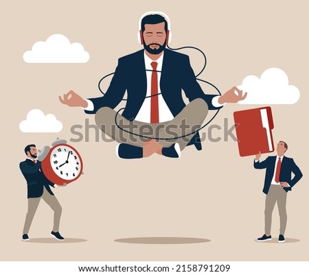 Male Character Office Worker Meditating at Workplace. Relaxed Businessman in Lotus Position Doing Yoga in Messy Office Ignoring Problems. Calm Employee Break, Zen.
