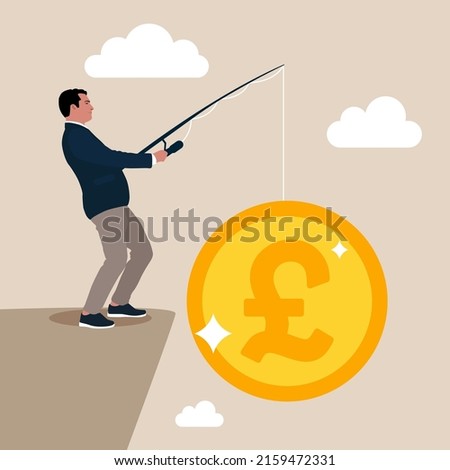 Businessman catching euro cash on fishing rod. Profit, mining, income. Manager worker entrepreneur fisherman catching GBP from pond. Cryptocurrency earning and digital finance e-commerce.