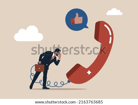 Businessman sale representative agent talk in phone call with thumb up feedback. Telephone call expert to generate lead or sales, success telemarketing tell promotion to prospect or client concept.