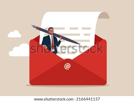 Smart entrepreneur in opening email envelope holding fountain pen. Writing email like professional, email communication for best business negotiation, storytelling or apply for new job.