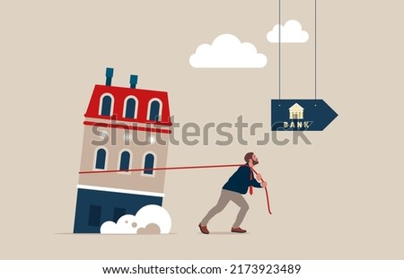 Mortgage Refinancing Loan-male dragging house to the bank. Vector illustration in flat style.