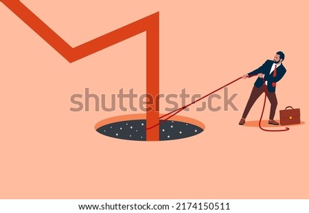 Businessman helping arrow chart falling into a black hole as the stock market is turning down. The stock market crashed during a crisis or the bubble burst. Investment risk or economic recession. 