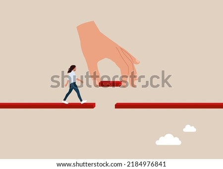 Connect the bridge to help and support girl to success, solution or assistance. Giant hand help connect missing piece the bridge for woman to cross the gap.