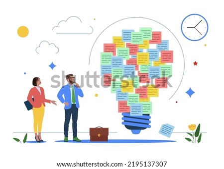 Businessman and woman discover solution, business people brainstorm with sticky notes. Ideation, brainstorming to gather new idea. Vector illustration.