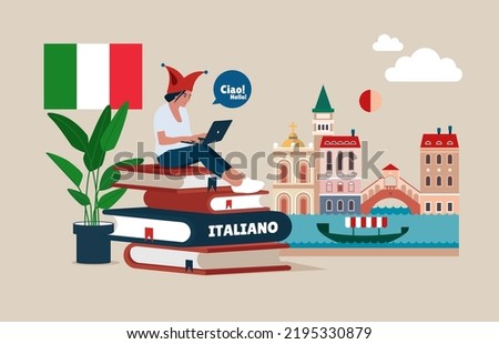 Italian language online course. Distance education. Italian dictionary. Online education. Tutor. Dictionary. Vector illustration. 