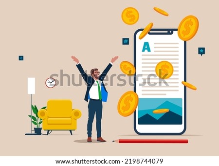 Success businessman blogger or writer catching money banknotes fall from the sky. Make money from online, monetize content, get income or earning from affiliate links.