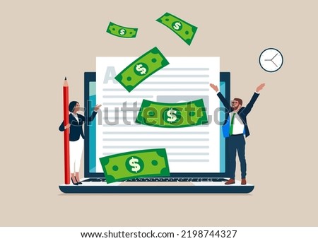 Success freelance woman and partner blogger or writer catching money banknotes fall from the sky. Make money from online, monetize content, get income or earning from affiliate links.