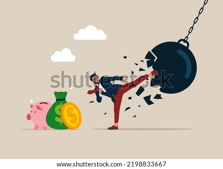 Businessman kicks a giant wrecking ball. Crisis management and Problem solving. Vector illustration.