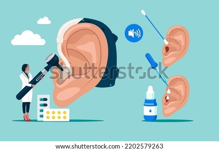 Personal hygiene routine and care. Removing cerumen, otitis treatment with serum medical drops Human ears with aerophone, cotton swab and pipette.Hearing protection. Vector illustration.