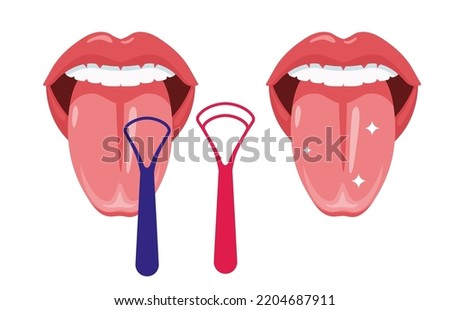 Halitosis prevention. Before and after tongue cleaning. Clean tongue throat cleaner scraper in mouth. Flat vector illustration.
