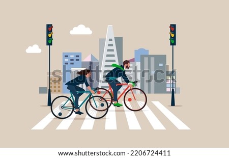 Businessman and woman Commuter with Bicycle Traveling to Work in City.  Crossing Road by Crosswalk with Zebra Markup. Flat vector illustration.