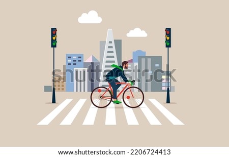 Businessman Commuter with Bicycle Traveling to Work in City.  Crossing Road by Crosswalk with Zebra Markup. Flat vector illustration.