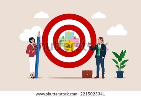 Business Team write down goal on notes and put on big dartboard target. Goal setting, purposeful objective, mission to accomplish to win for business success. Flat vector illustration. 