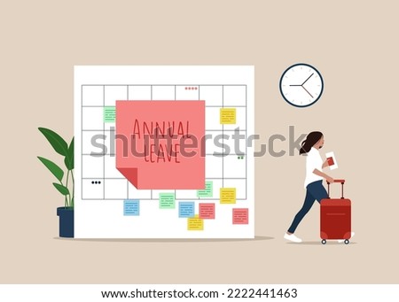 Happy girl running with luggage from calendar with annual leave note. Annual leave or day off to rest from hard work, schedule reminder of annual leave. Flat modern vector illustration.