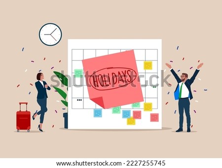 Company holidays for employees. Big calendar, business people jumping with joy to celebrate long holidays or vacation. Flat modern vector illustration. 